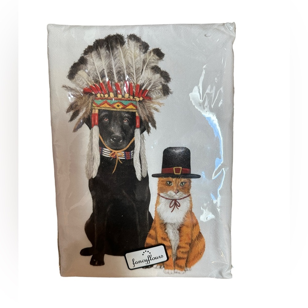 FANCY FLOURS Pilgrim Thanksgiving Dog/Cat Flour Sack Kitchen Towel 30"x30" - NEW